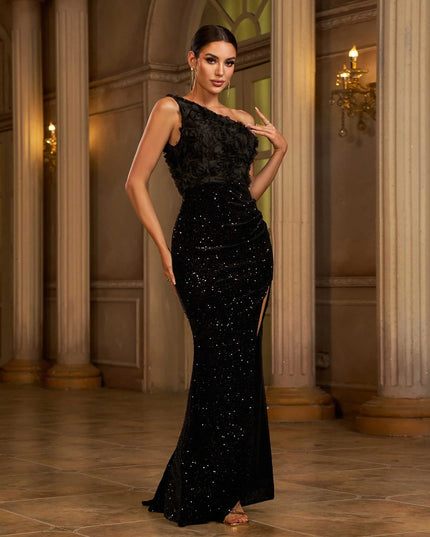 3D Floral One-Shoulder Black Sequin Maxi Dress