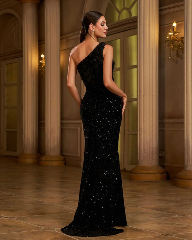 3D Floral One-Shoulder Black Sequin Maxi Dress