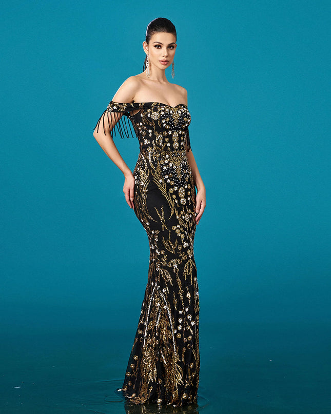 Crystal-Embellished Bustier Maxi Dress with Matching Mesh Gloves