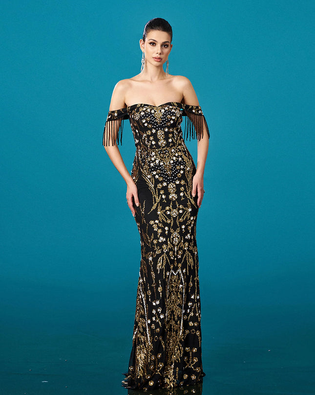Crystal-Embellished Bustier Maxi Dress with Matching Mesh Gloves