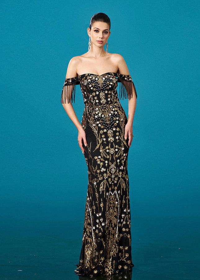 Crystal-Embellished Bustier Maxi Dress with Matching Mesh Gloves