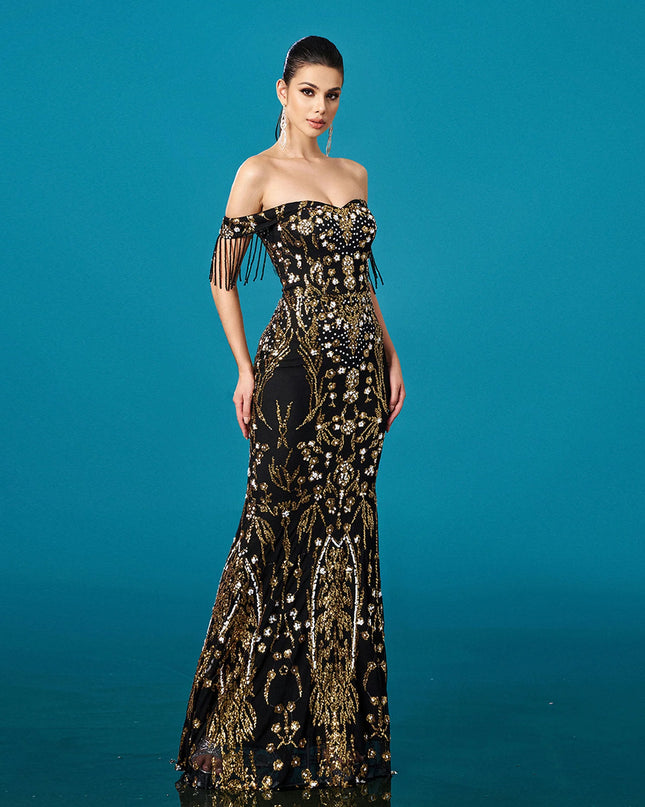 Crystal-Embellished Bustier Maxi Dress with Matching Mesh Gloves