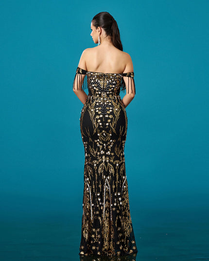 Crystal-Embellished Bustier Maxi Dress with Matching Mesh Gloves