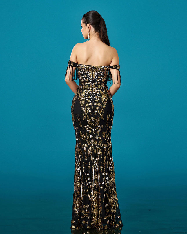 Crystal-Embellished Bustier Maxi Dress with Matching Mesh Gloves