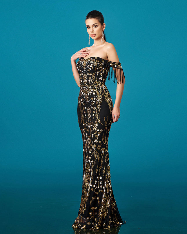 Crystal-Embellished Bustier Maxi Dress with Matching Mesh Gloves