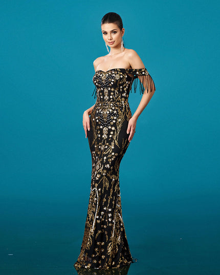 Crystal-Embellished Bustier Maxi Dress with Matching Mesh Gloves
