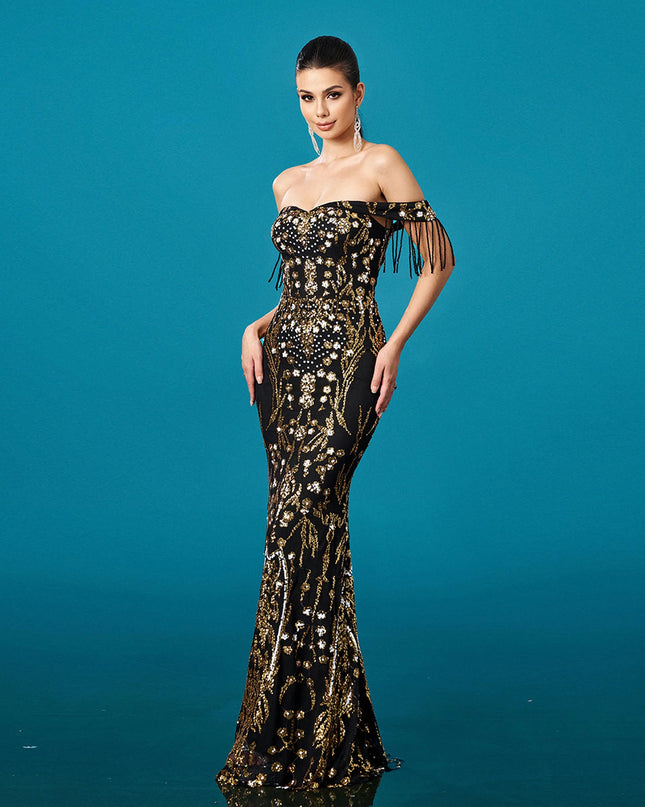 Crystal-Embellished Bustier Maxi Dress with Matching Mesh Gloves