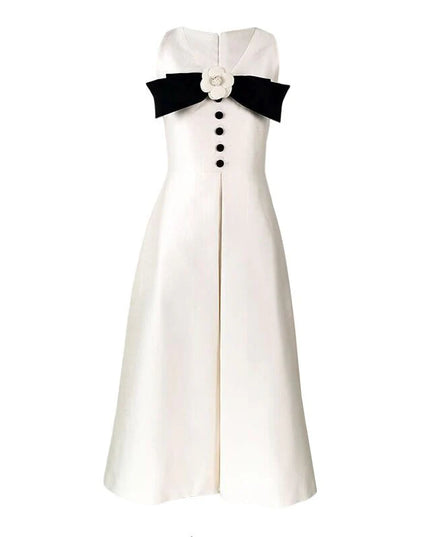 White Satin Midi Dress with Black Bow & Floral Detail – Elegant V-Neck Evening Dress