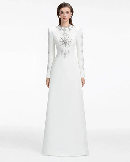 White Crystal Embellished Long Sleeve Maxi Gown – Elegant Evening Dress
