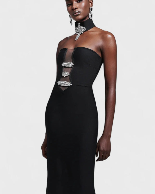 Crystal-Embellished Strapless Mesh Cut-Out Maxi Dress
