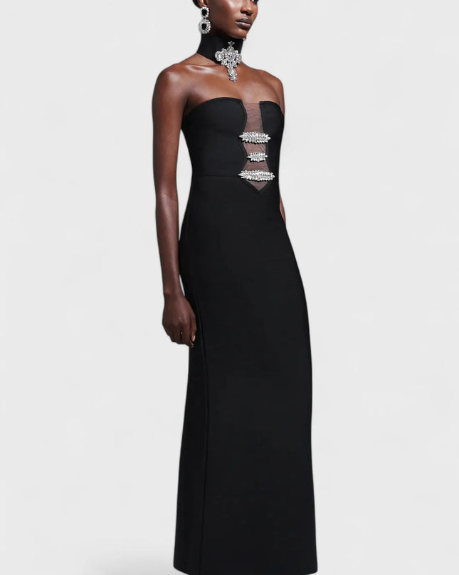 Crystal-Embellished Strapless Mesh Cut-Out Maxi Dress