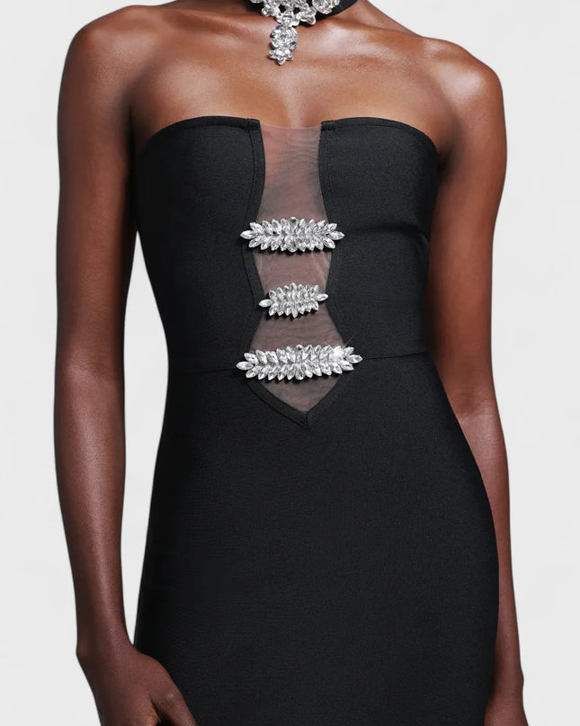 Crystal-Embellished Strapless Mesh Cut-Out Maxi Dress
