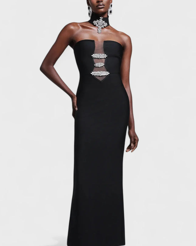 Crystal-Embellished Strapless Mesh Cut-Out Maxi Dress