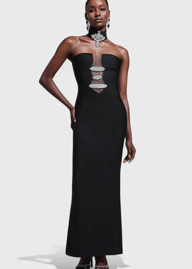 Crystal-Embellished Strapless Mesh Cut-Out Maxi Dress