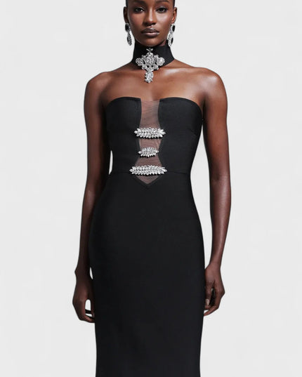 Crystal-Embellished Strapless Mesh Cut-Out Maxi Dress