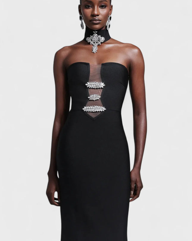 Crystal-Embellished Strapless Mesh Cut-Out Maxi Dress