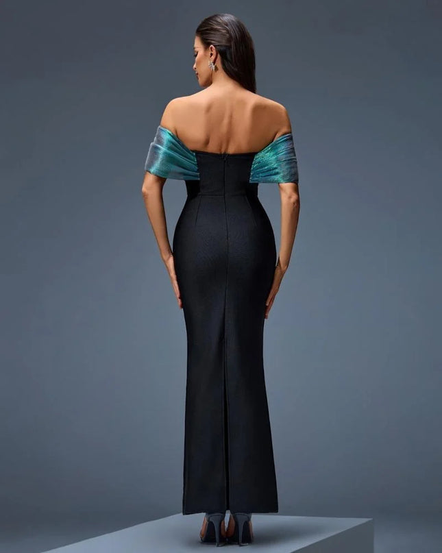 Iridescent Off-Shoulder Mermaid Gown with Beaded V-Neck