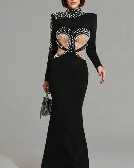 Gala Glamour Pearl Cut-Out Maxi Dress