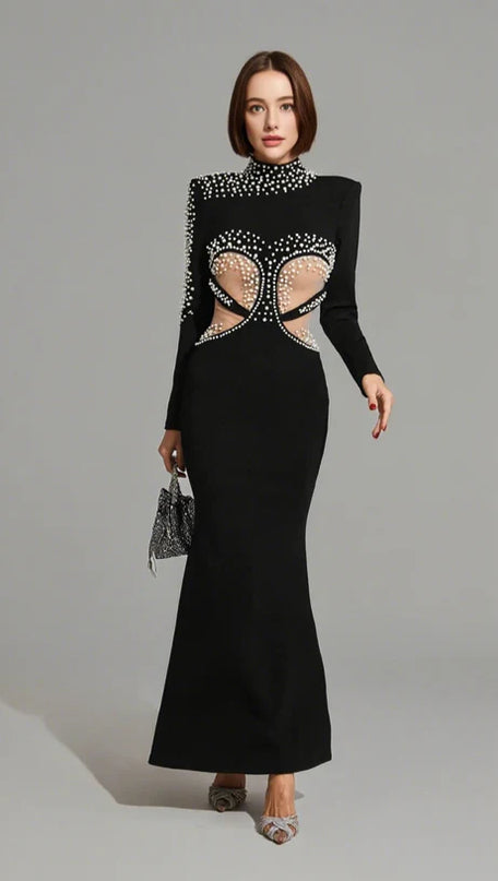 Gala Glamour Pearl Cut-Out Maxi Dress