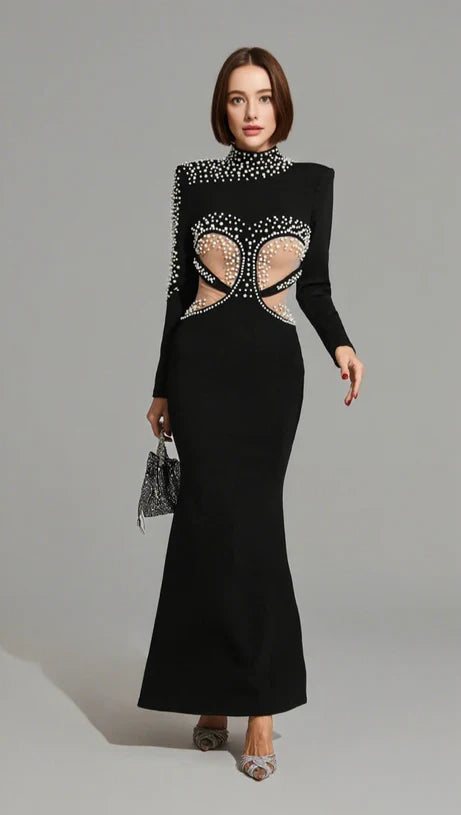 Gala Glamour Pearl Cut-Out Maxi Dress