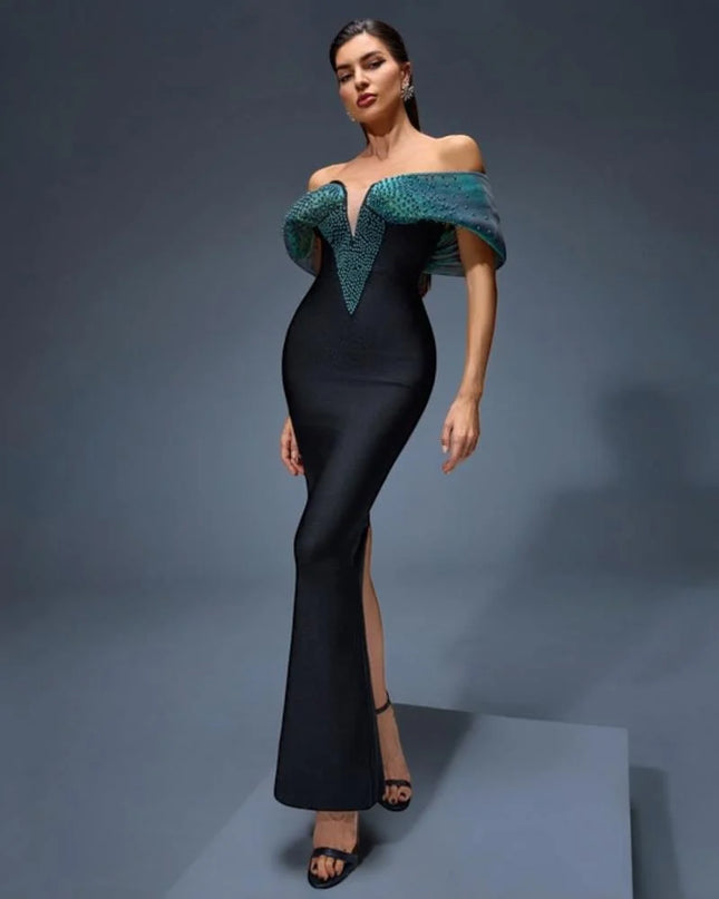 Iridescent Off-Shoulder Mermaid Gown with Beaded V-Neck