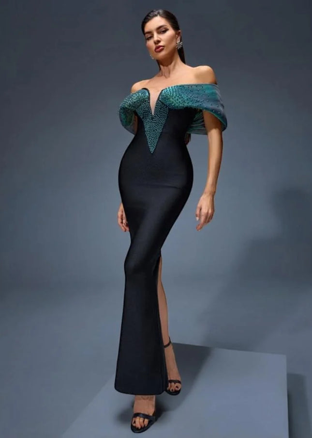 Iridescent Off-Shoulder Mermaid Gown with Beaded V-Neck