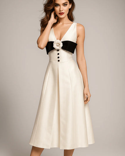 White Satin Midi Dress with Black Bow & Floral Detail – Elegant V-Neck Evening Dress