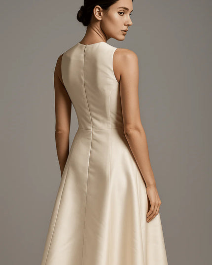 White Satin Midi Dress with Black Bow & Floral Detail – Elegant V-Neck Evening Dress