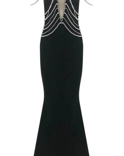 Cascading Pearl Plunge Maxi Gown