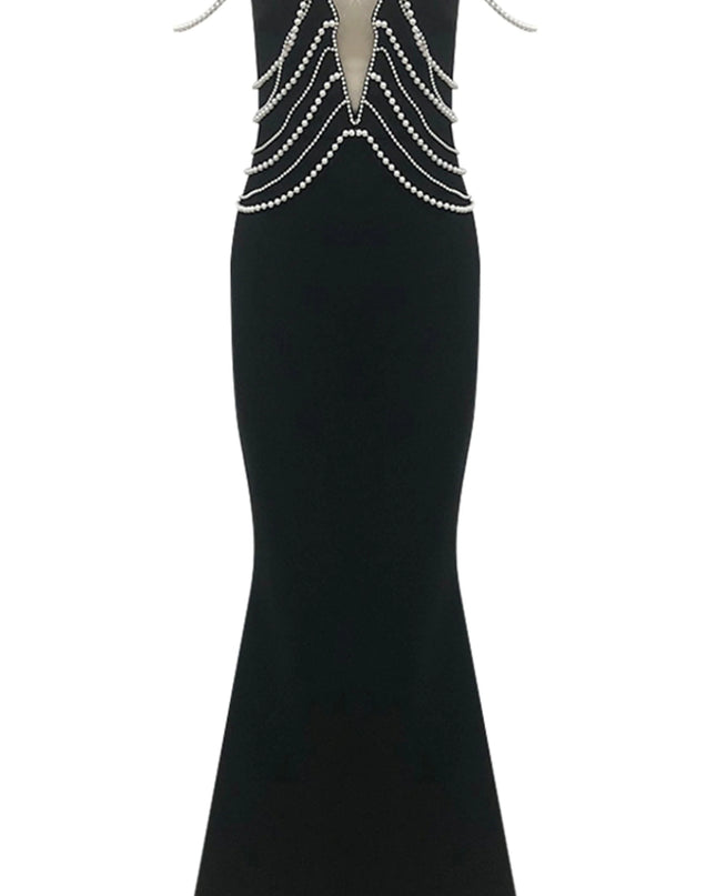 Cascading Pearl Plunge Maxi Gown