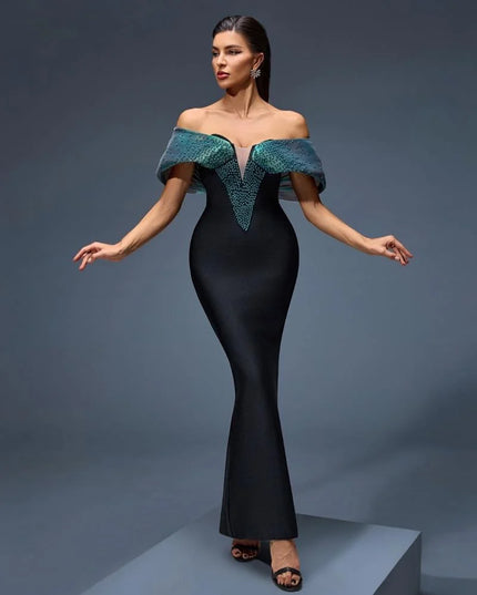 Iridescent Off-Shoulder Mermaid Gown with Beaded V-Neck