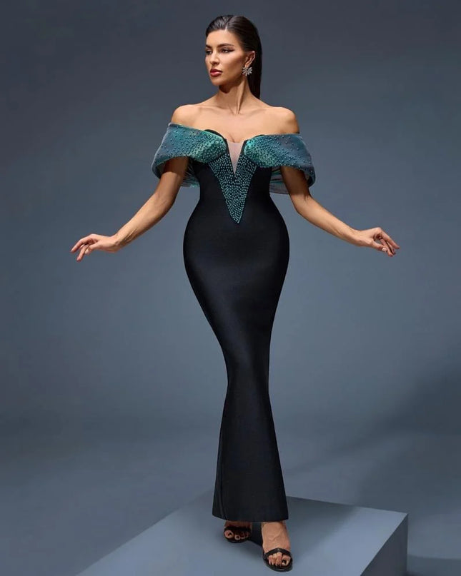 Iridescent Off-Shoulder Mermaid Gown with Beaded V-Neck
