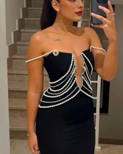 Cascading Pearl Plunge Maxi Gown