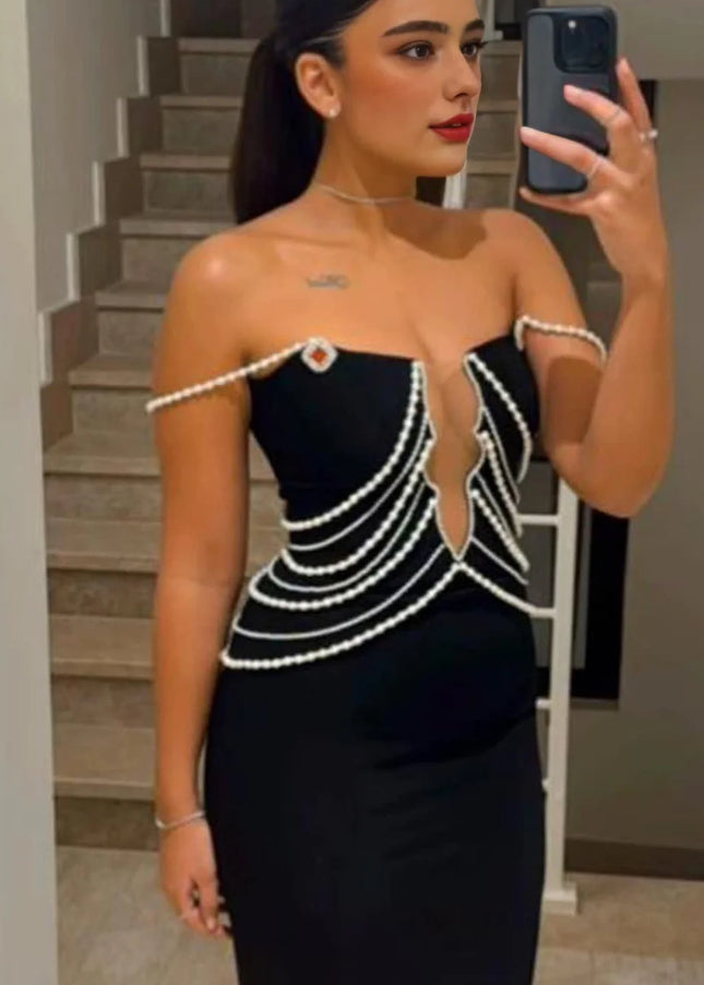 Cascading Pearl Plunge Maxi Gown