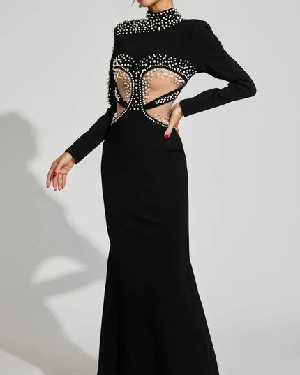 Gala Glamour Pearl Cut-Out Maxi Dress