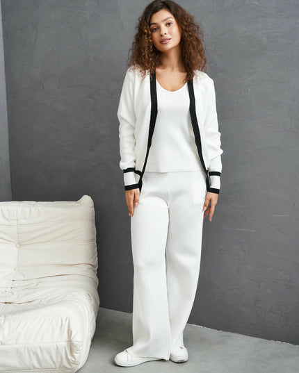 The Monochromatic Chic Knit Lounge Set: Cardigan, Tank & Wide-Leg Pants