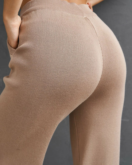 The Cozy Chic Knit Tri-Set: Tan Cardigan, V-Neck Tank & Wide-Leg Pants