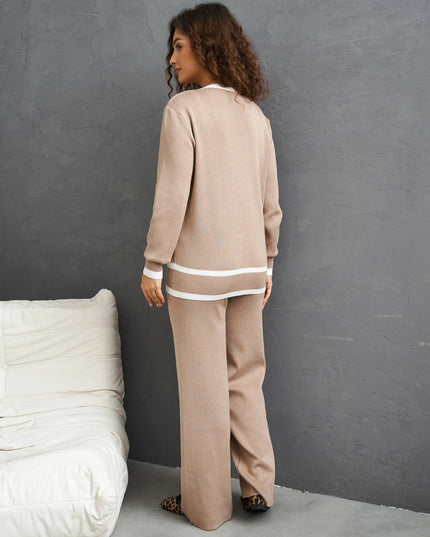 The Cozy Chic Knit Tri-Set: Tan Cardigan, V-Neck Tank & Wide-Leg Pants