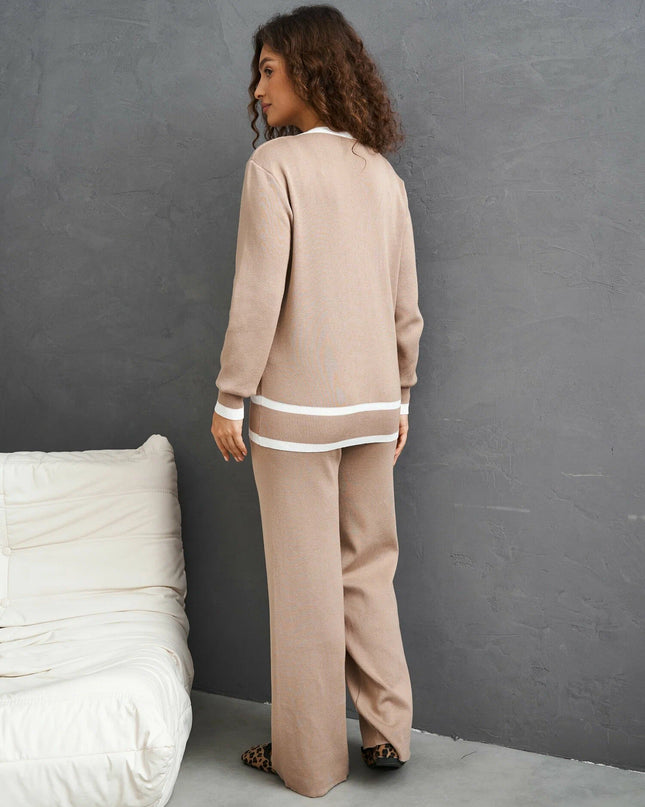 The Cozy Chic Knit Tri-Set: Tan Cardigan, V-Neck Tank & Wide-Leg Pants