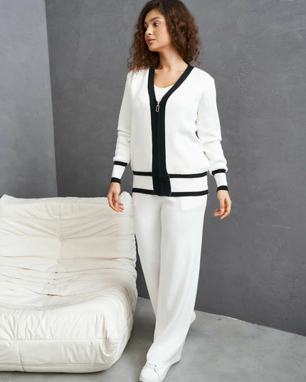 The Monochromatic Chic Knit Lounge Set: Cardigan, Tank & Wide-Leg Pants